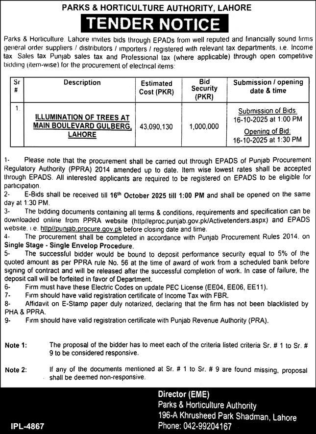 Parks & Horticulture Authority Lahore Tender Notice